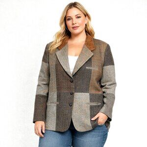 International Scene Patchwork Tweed Suede Collar Blazer Old Money Chic 22 (3X)